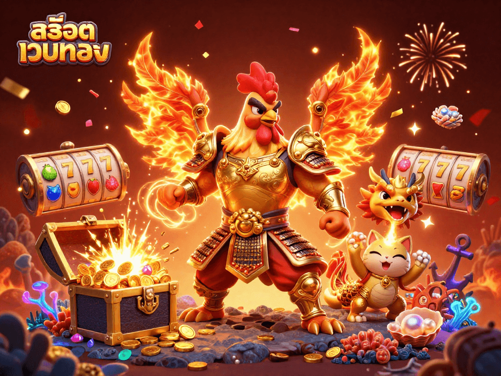 Experience thrilling wins with สล็อตเว็บตรง illustrated in this vibrant 3D digital art scene.