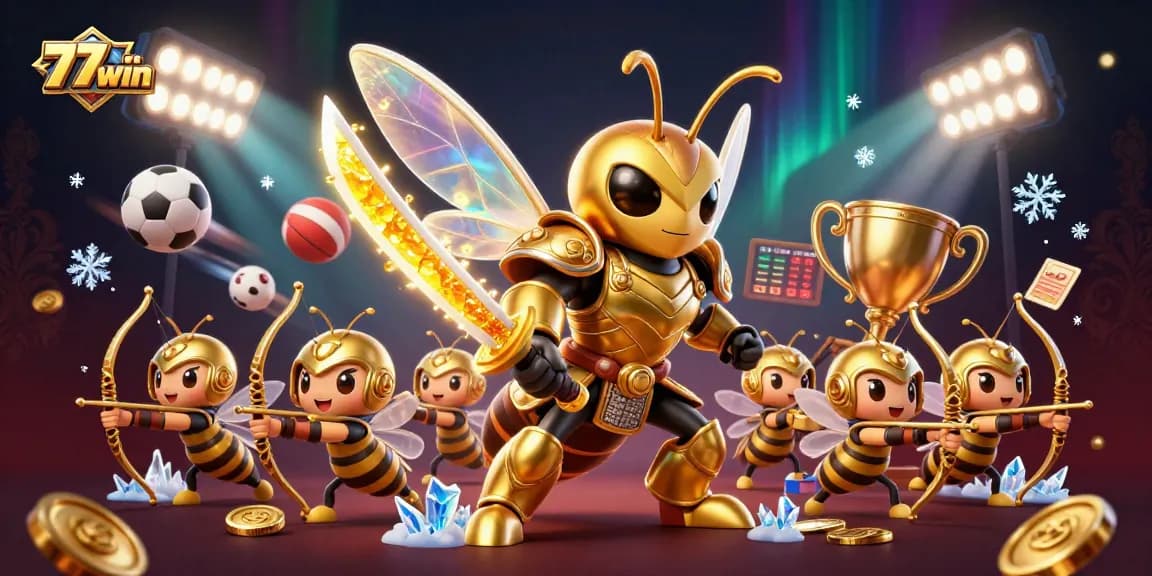 Celebrate winning at 77win with a samurai hornet and bee archers in an exciting casino scene.