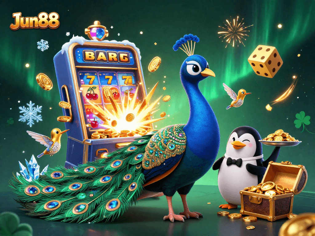 Experience the vibrant Jun88 gaming world with a dazzling jackpot scene featuring a peacock and penguin.