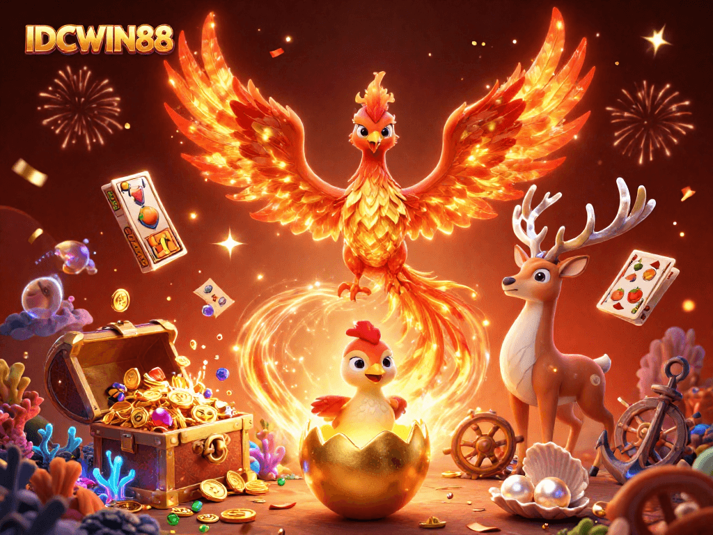 Unleash winning opportunities at IDCWIN88 with vibrant slot reels and casino celebration elements.
