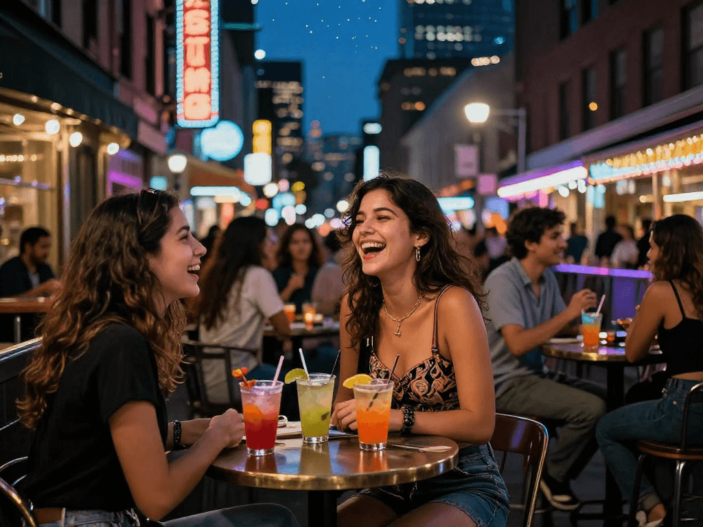 Gái gọi đang thưởng thức cocktail tại quán bar sôi động giữa phố đêm.
