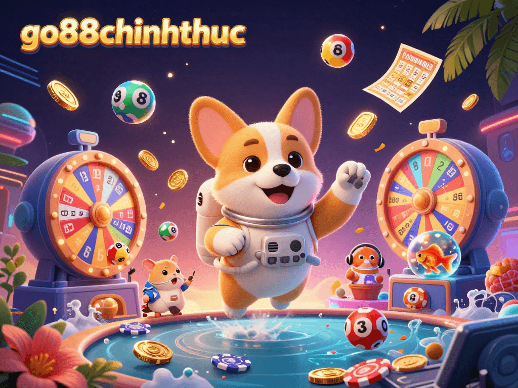 Win big with go88chinhthuc as the astronaut corgi spins lottery balls in an exciting casino scene!