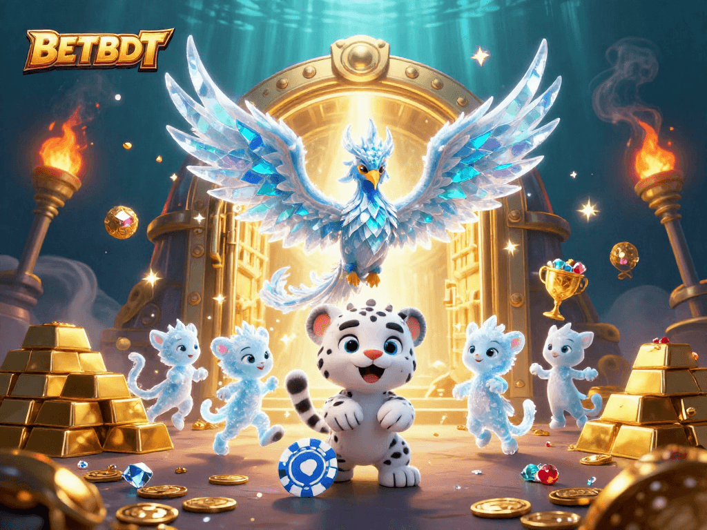 Engage with BETBDT's 3D cartoon illustration showcasing vibrant casino elements and magical characters.