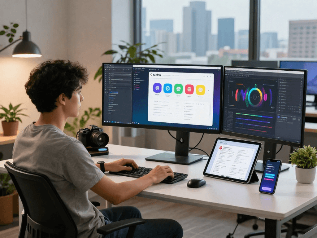Showcasing the FairPlay app interface in a modern tech workspace.