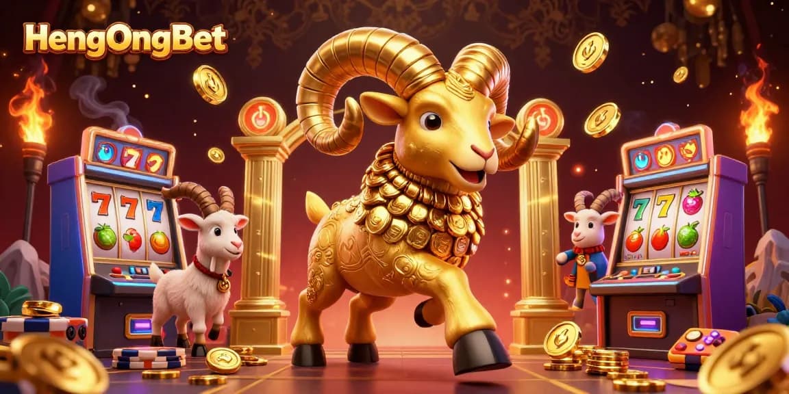 Experience HengOngBet's lively rush with a golden ram charging through a casino scene filled with vibrant slot machines.