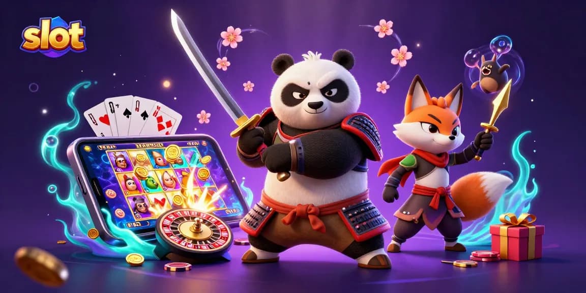 Slot berwarna-warni menghidupkan aksi dengan panda samurai dan rubah ninja pada latar belakang spektakuler.