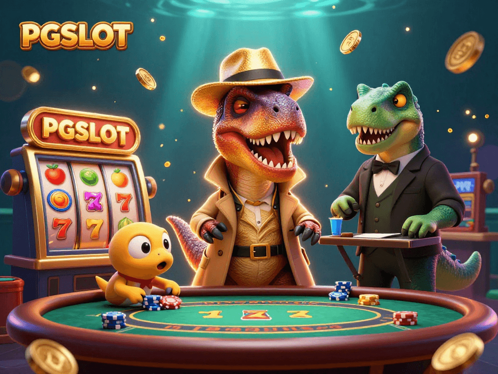 Engage with PGSLOT, showcasing a velociraptor card counter at a jackpot table, surrounded by dynamic slot elements.