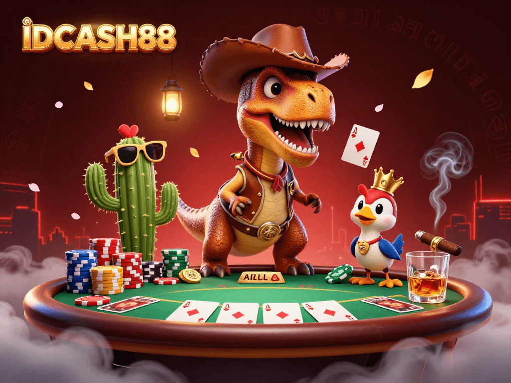 IDCASH88 brings excitement to poker with a cowboy dinosaur, chips, and vibrant casino atmosphere.