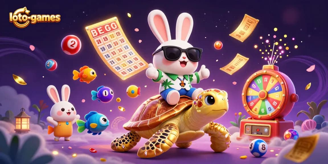 Engaging loto-games scene with a lucky rabbit and a turtle, surrounded by dynamic lottery elements.