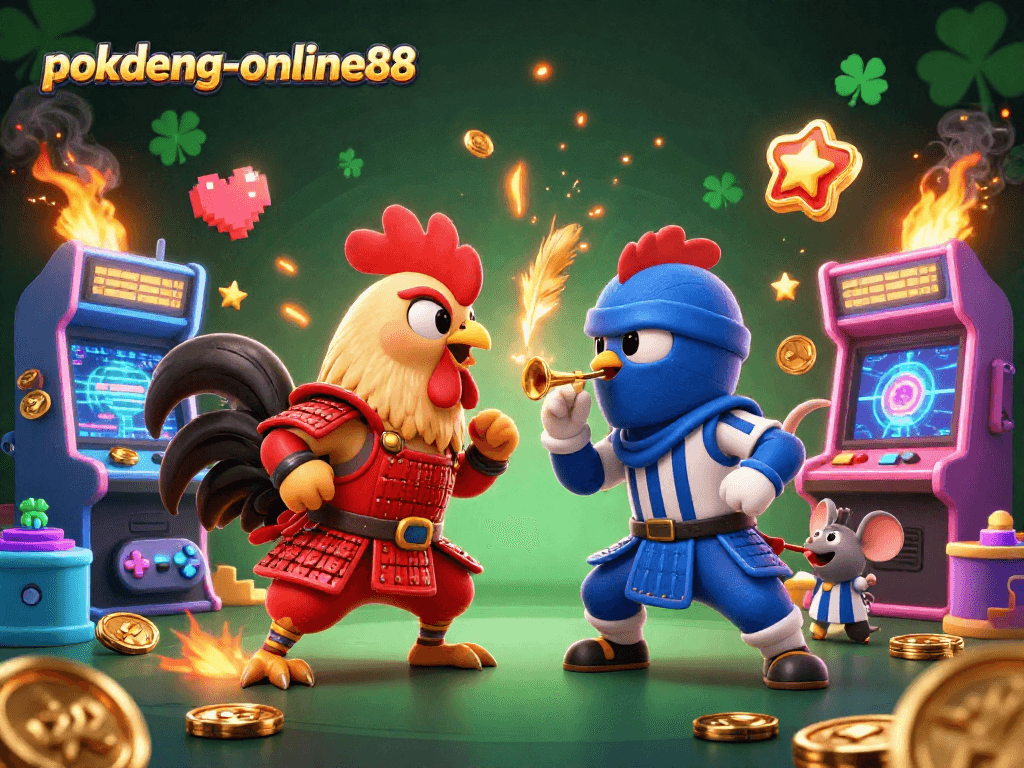 Join the action with the pokdeng-online88 roosters clashing in a vivid gambling showdown!