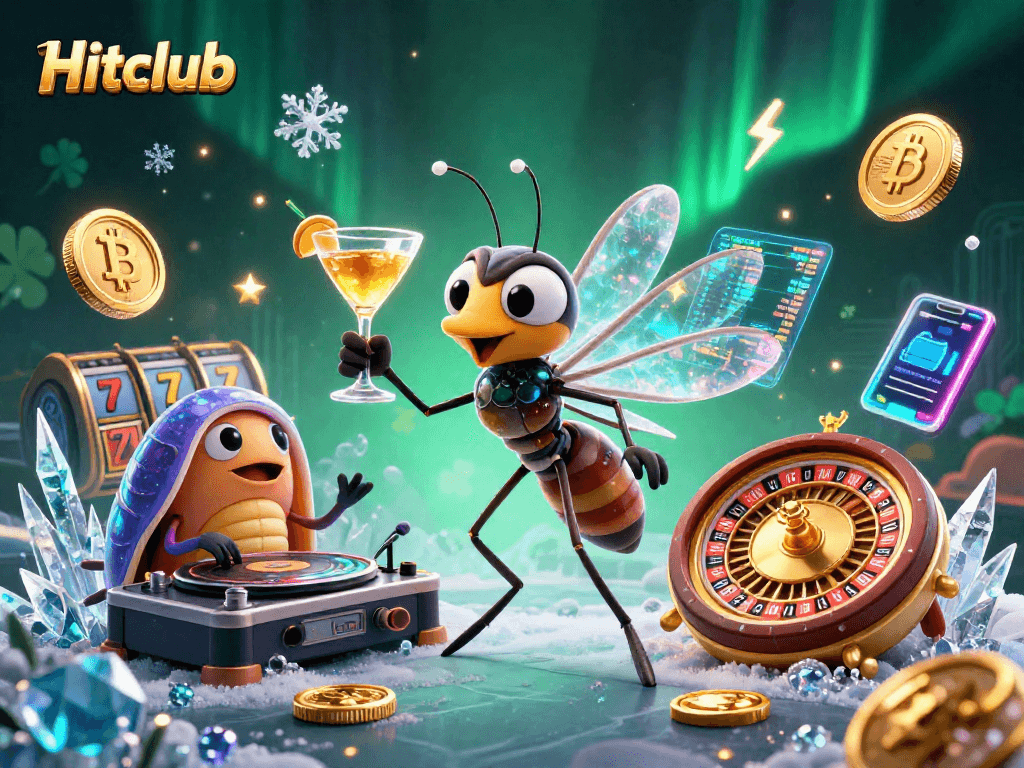 Hitclub offers a vibrant casino scene with a mascot and unique crypto elements, showcasing gaming excitement.