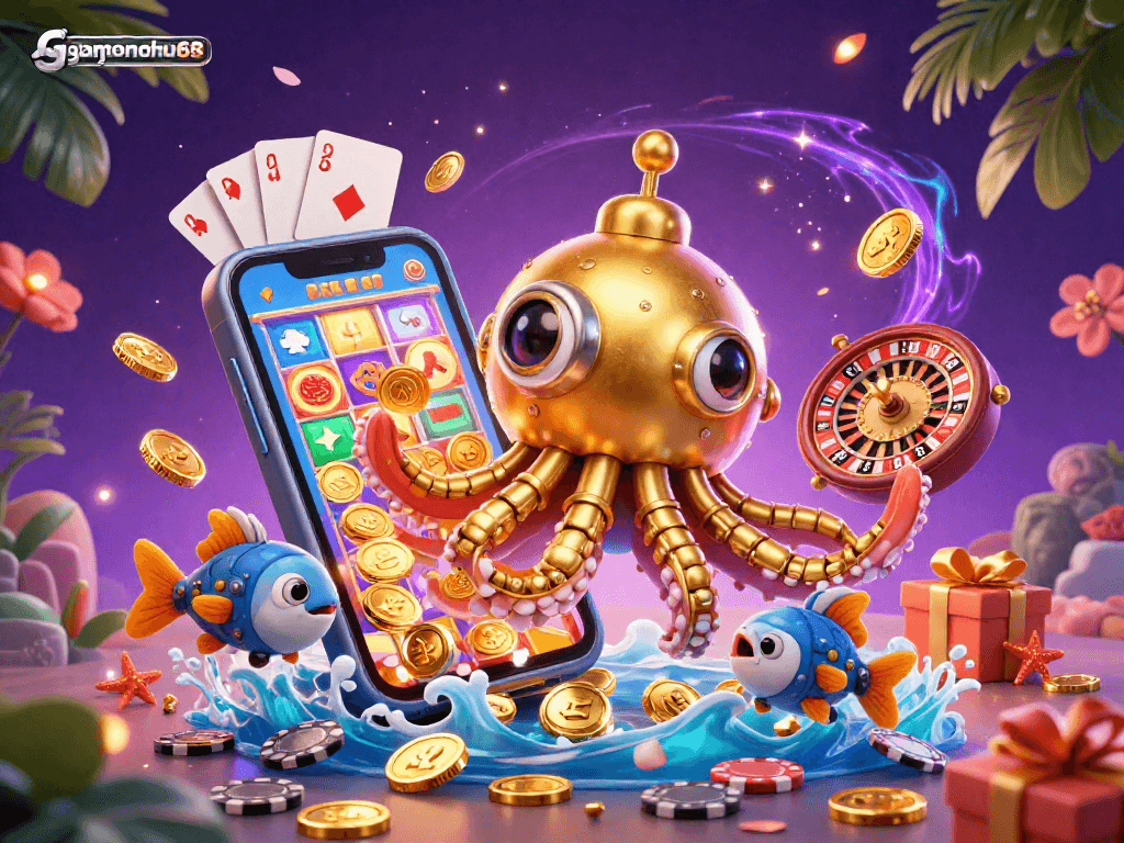 Play thrilling slots with gamenohu68 amid a colorful, vibrant casino-style scene featuring a kraken and treasure.