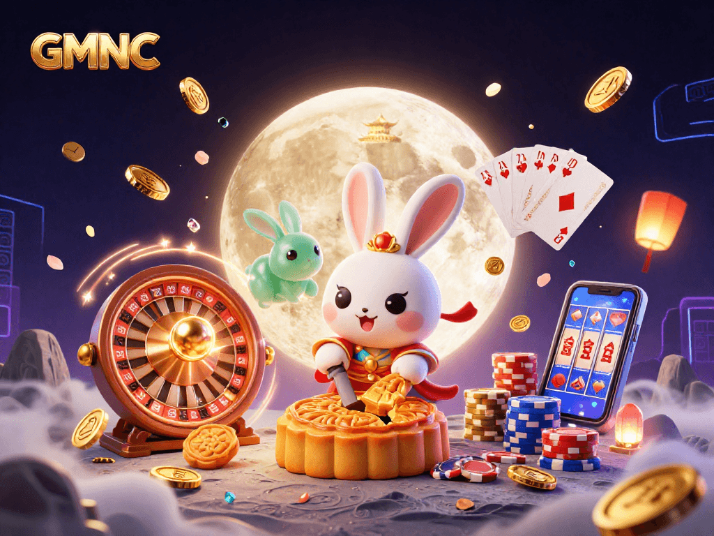 Engage with GMNC: Moon rabbit cracking mooncakes revealing poker chips amid overflowing casino elements.