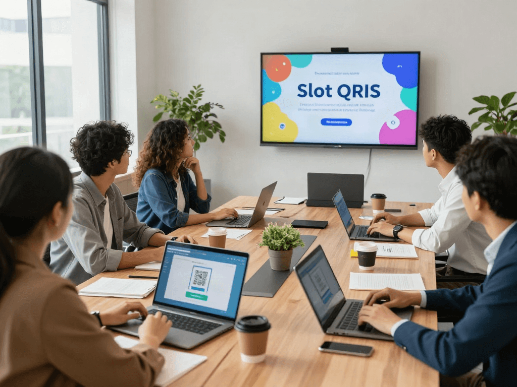 Diverse team collaborating on slot QRIS payment solutions in a bright conference room.