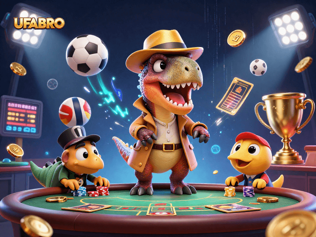 UFABRO captivates with a whimsical gambling scene featuring a velociraptor counter at a blackjack table.