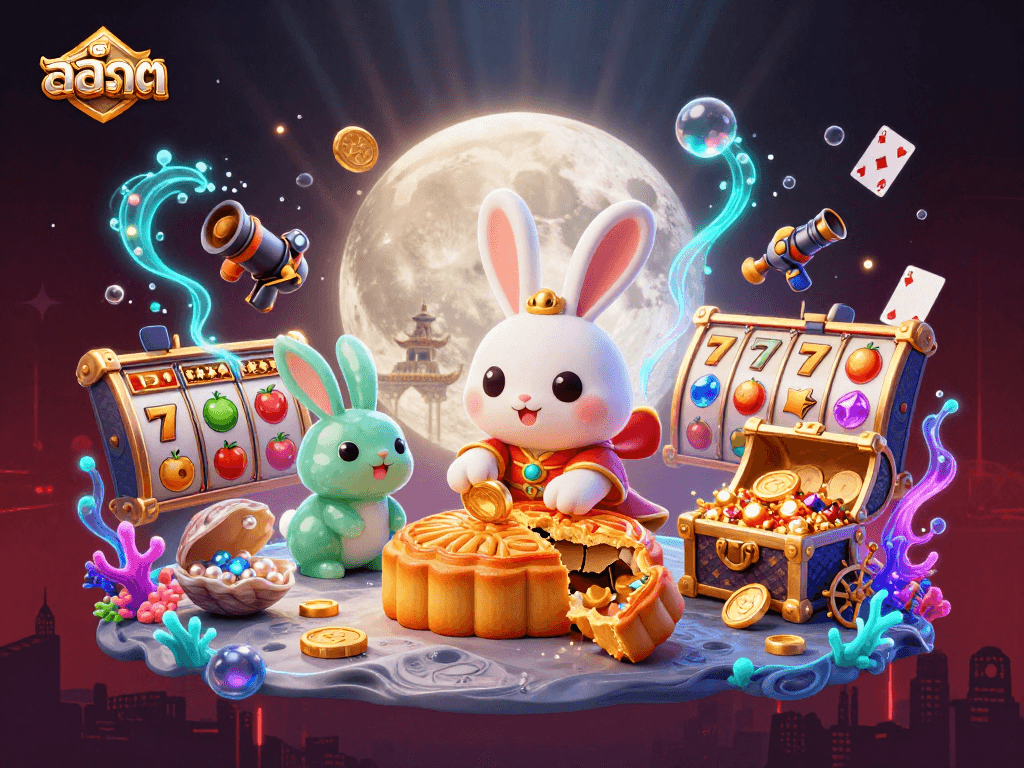 Experience exciting สล็อต gameplay with a moon rabbit and treasures in this vibrant casino scene.