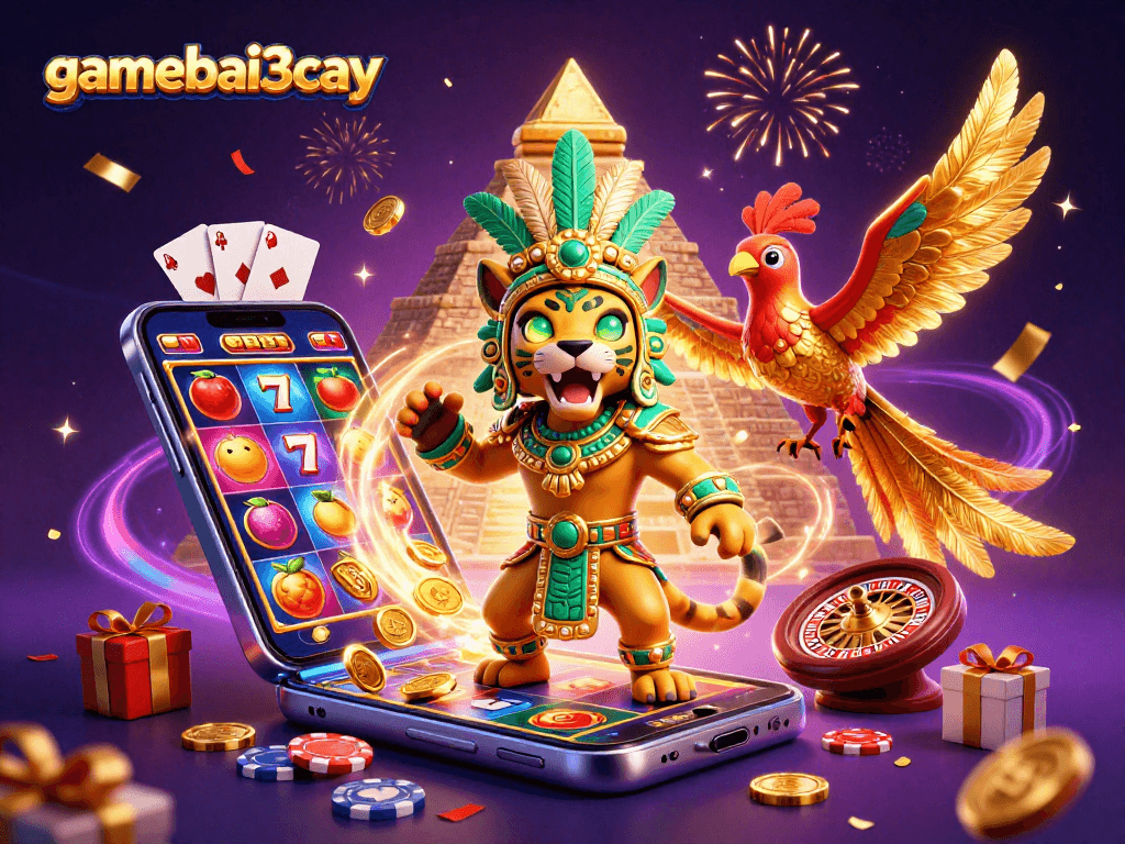Engage in thrilling gameplay at gamebai3cay with 3D Mayan casino characters amidst a vibrant slot scene.