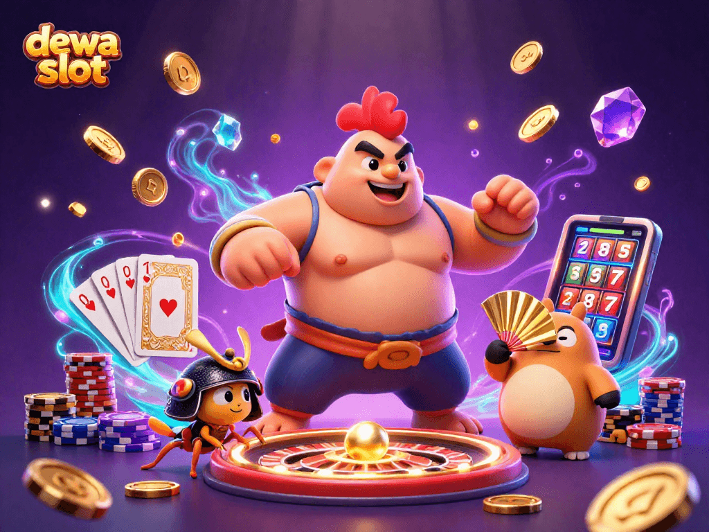 Experience the excitement of dewa slot as a powerful sumo wrestler rooster stomps amidst dazzling casino treasures.