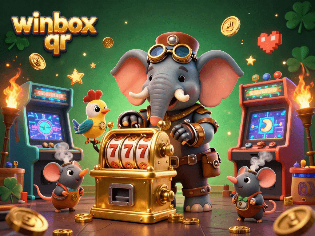 Winbox QR showcases an exciting steampunk-themed casino scene with a golden slot machine and lively characters.