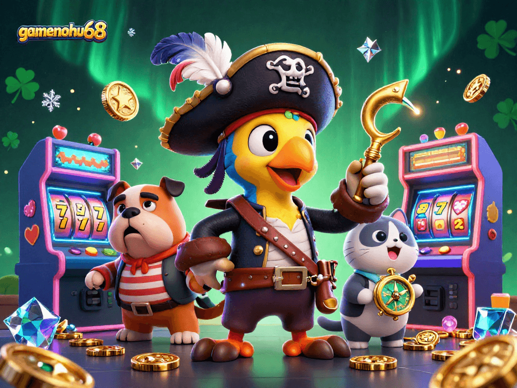Experience thrilling adventures with gamenohu68 while playing vibrant slot games amidst a pirate-themed scene.