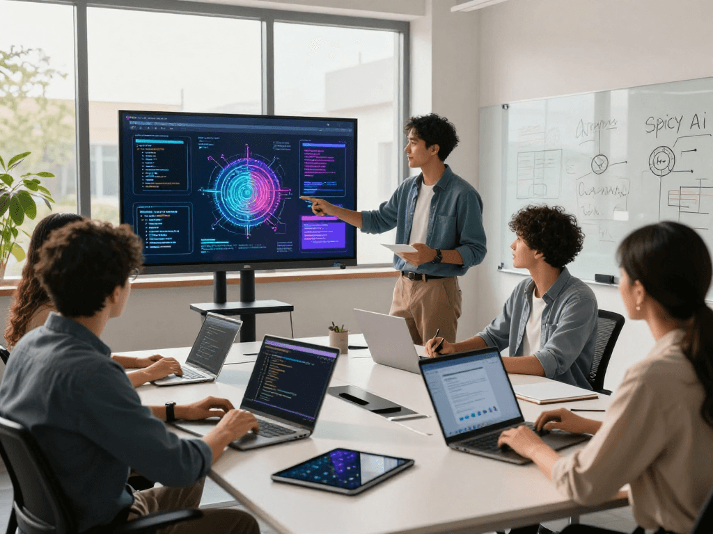 Team of developers collaborating on innovative projects using spicy ai technology in a modern workspace.