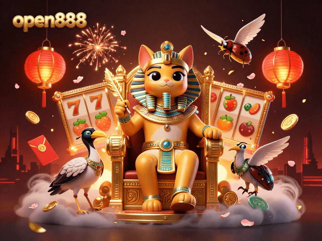 Engaging visual of open888 featuring an Egyptian pharaoh cat amidst vibrant casino elements and celebrations.