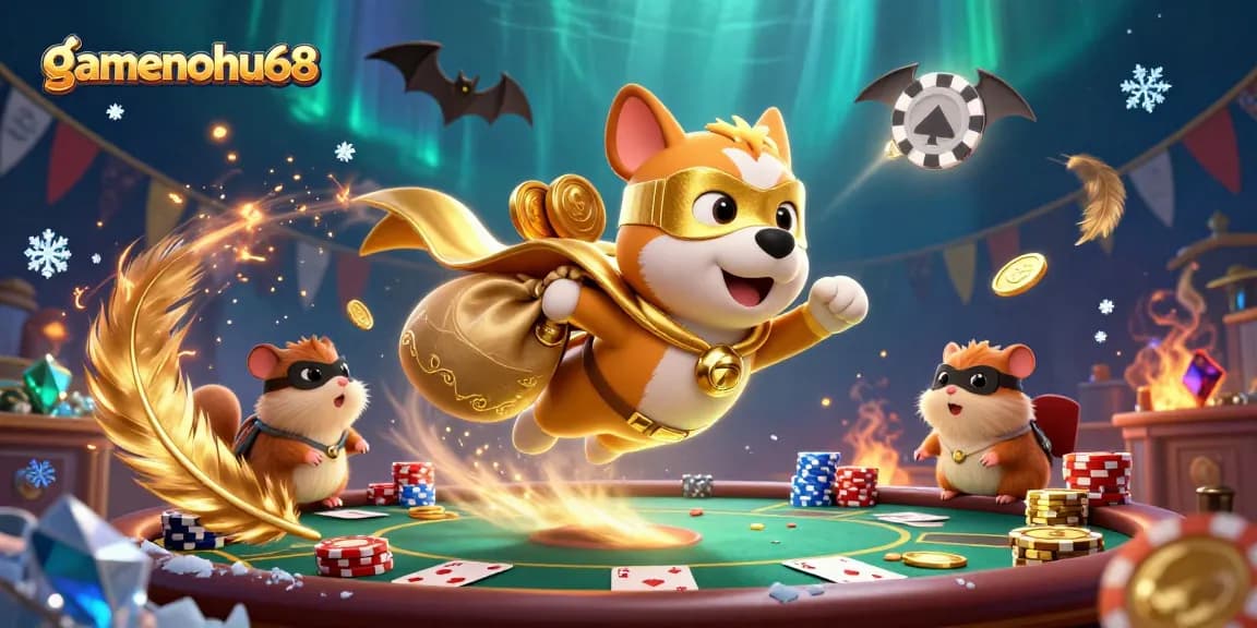 Win big with gamenohu68 in this vibrant 3D casino illustration featuring a heroic flying dog!