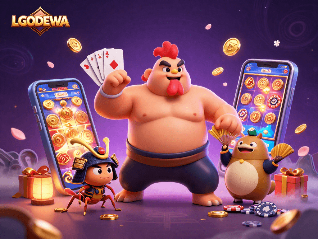 Engage in exciting gaming with LGODEWA featuring a sumo rooster, samurai cricket, and tanuki announcer.