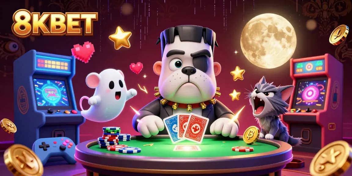 Engaging scene of a 3D monster dealer at 8KBET, bringing gaming thrills alive with neon elements.