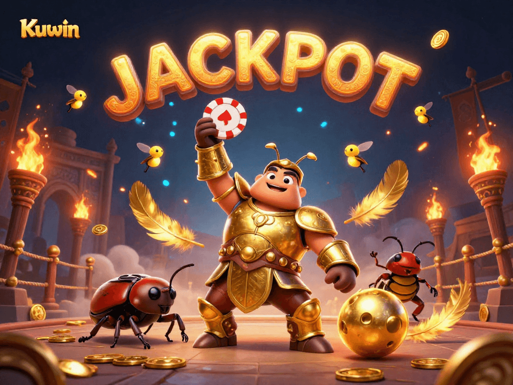 Kuwin offers a vibrant casino scene with a victorious beetle lifting a poker chip and fireflies spelling JACKPOT.