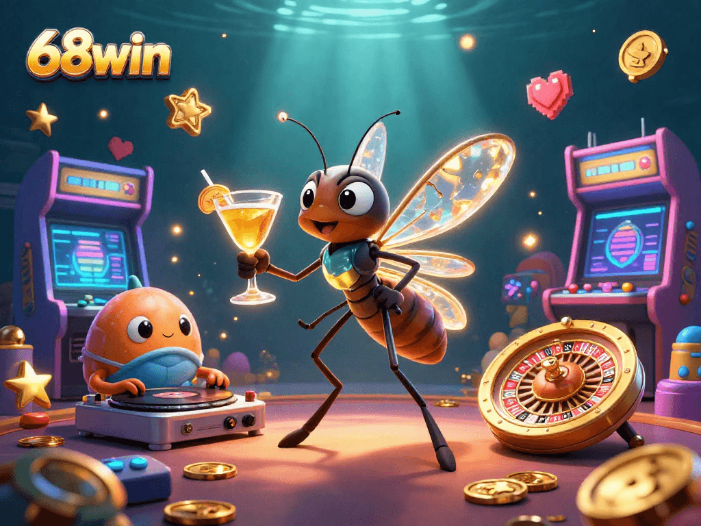 Experience the thrill of 68win with an engaging casino scene featuring animated characters and vibrant game elements.
