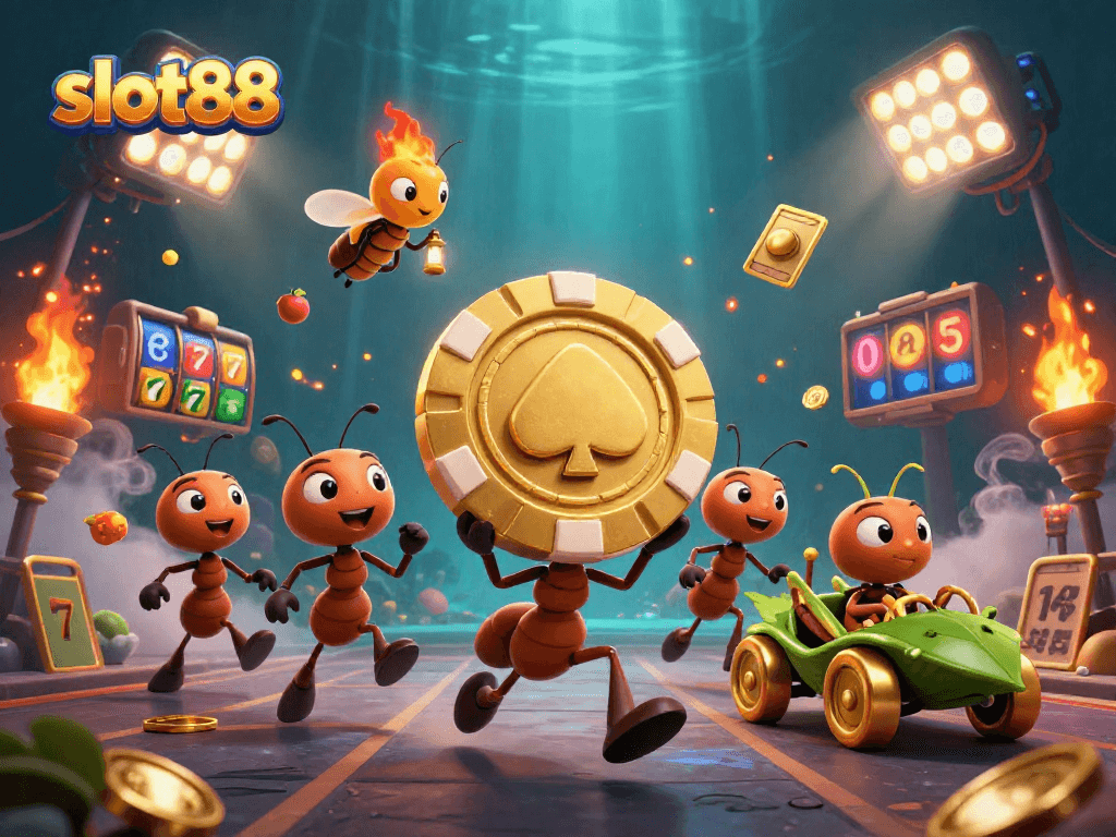 Experience slot88 excitement as 3D ants heist golden poker chips amidst jackpot thrills.