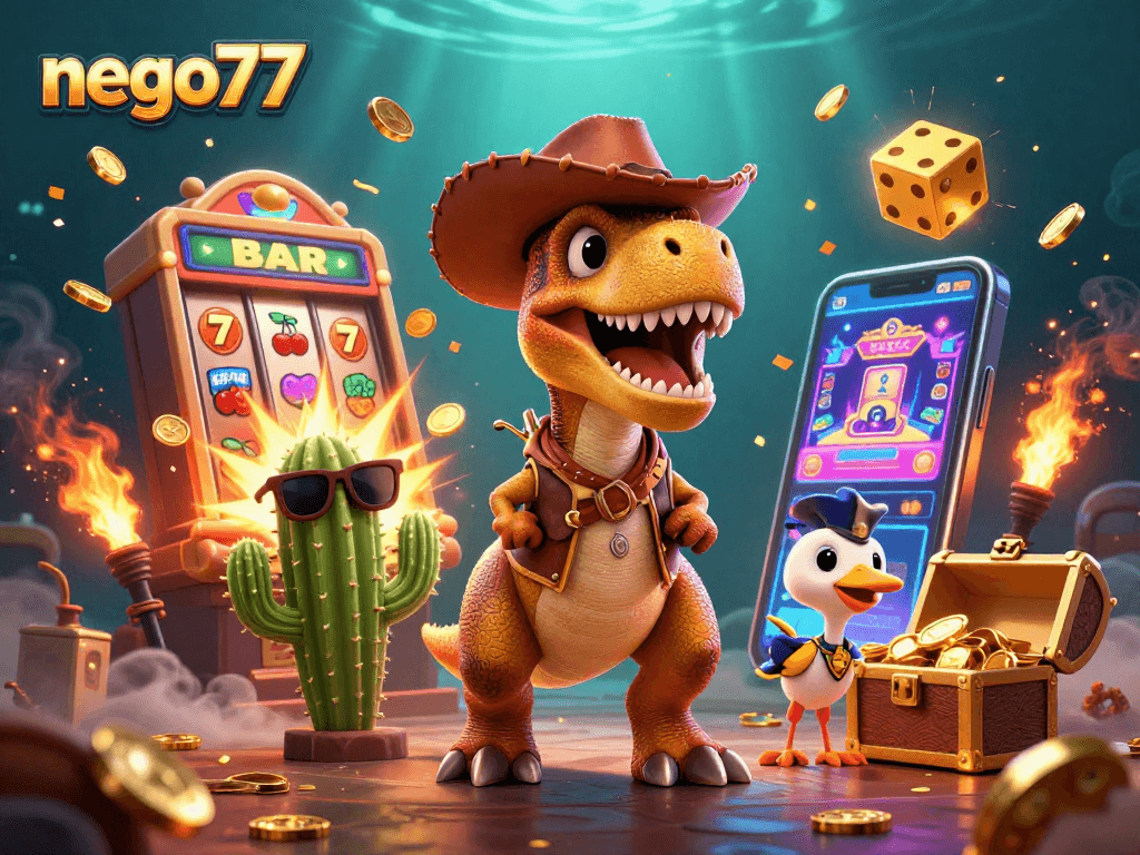 Nego77 promotions create thrilling casino adventures with a T-Rex cowboy and jackpot excitement.