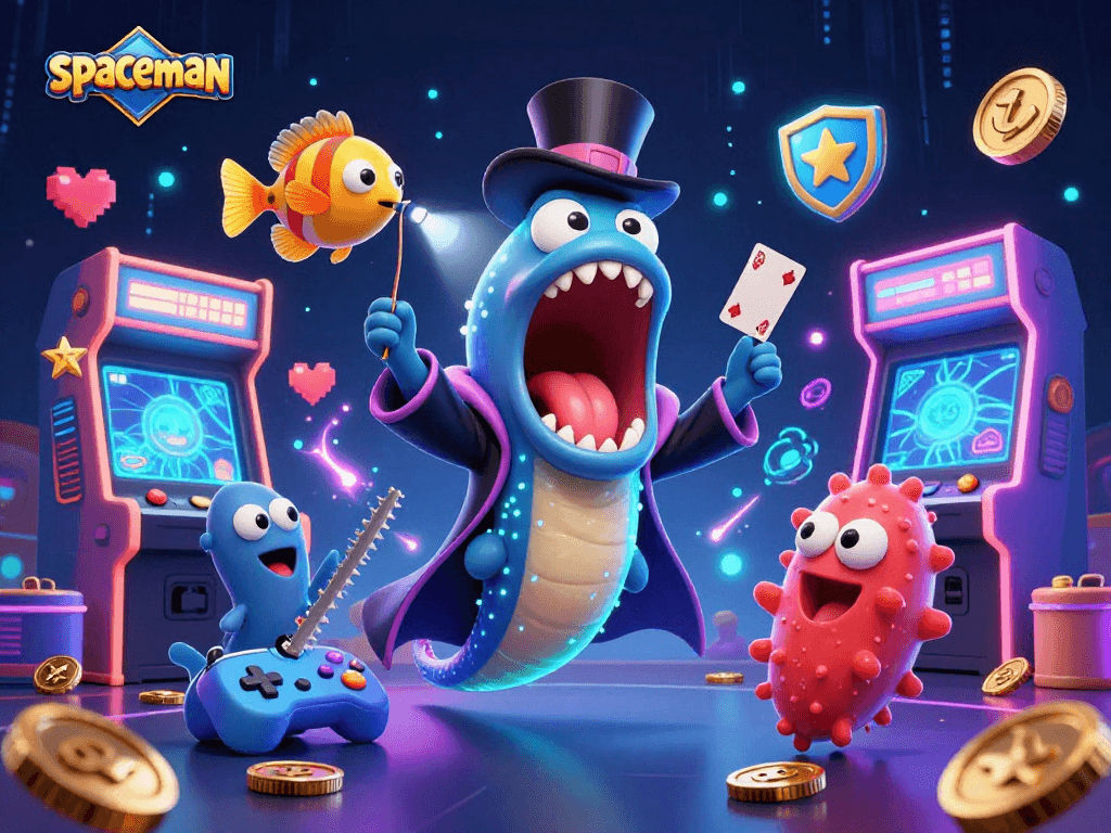 Spaceman performs card tricks with a glowing atmosphere and arcade elements in a vibrant casino scene.