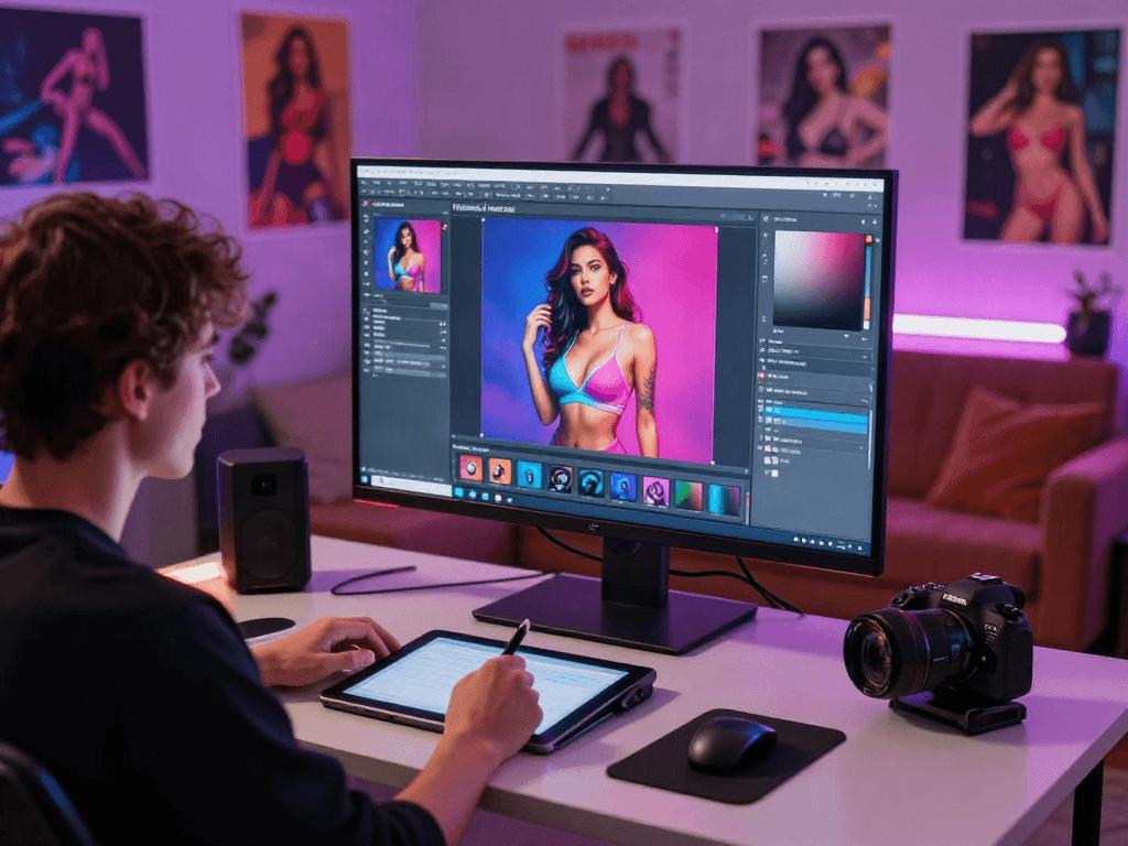 Artist creating AI-generated visuals for ai porn generator, showcasing a modern digital art studio.
