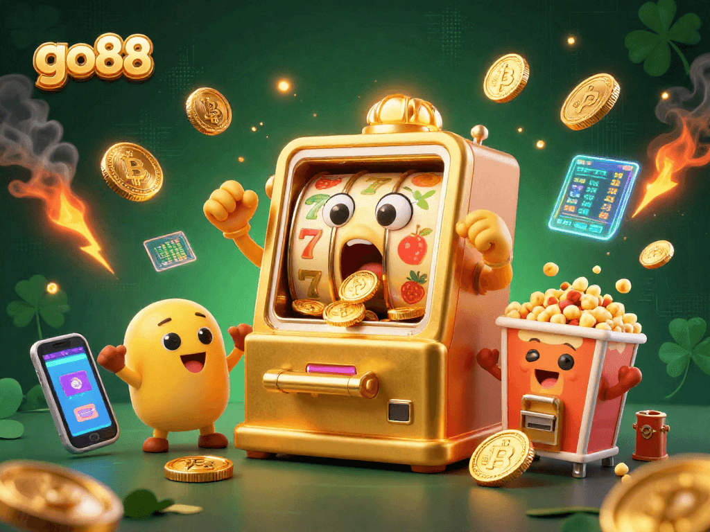 go88 showcases an exciting jackpot celebration with a golden slot machine surrounded by cheering characters and crypto coins.