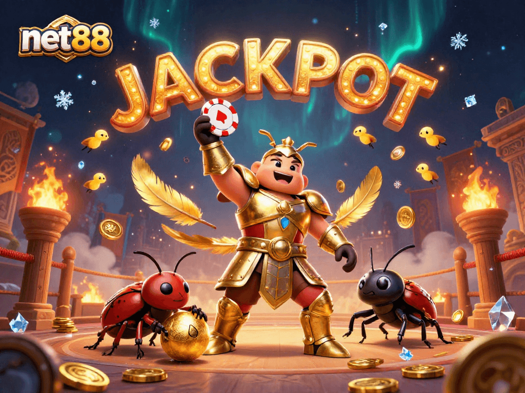 Celebrate wins at net88 with cartoon heroes lifting poker chips against a vibrant casino backdrop.