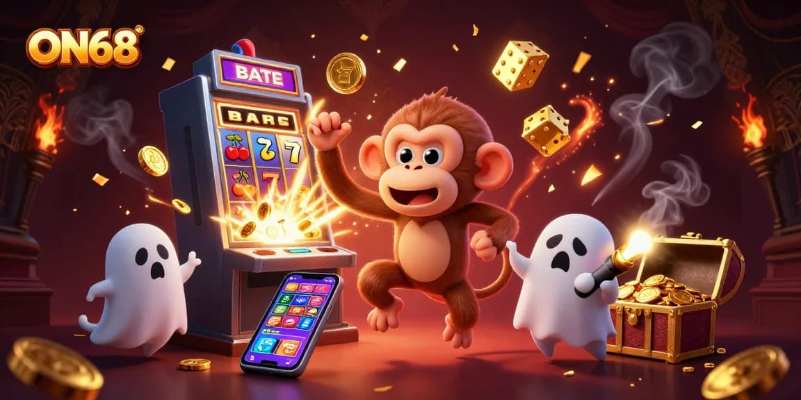 Experience big wins at ON68 with a ghost-hunter puppy tracking a mischievous monkey in a vibrant casino scene.