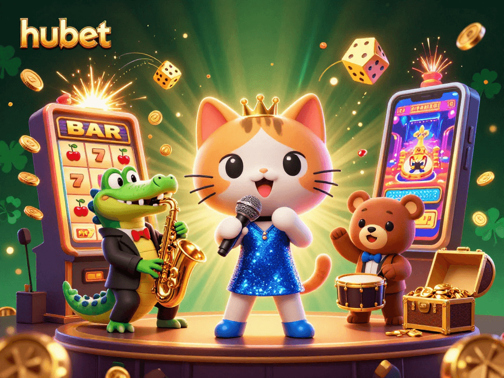 Experience the excitement at hubet casino with cartoon characters amidst coins and jackpots.
