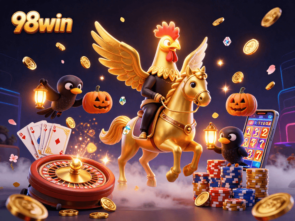 Experience thrilling wins with 98win in a festive casino scene featuring dynamic gaming elements.