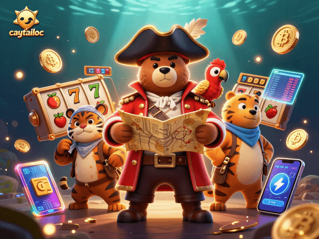 Players engaging in exciting slot action with caytailoc's vibrant characters in a 3D scene.
