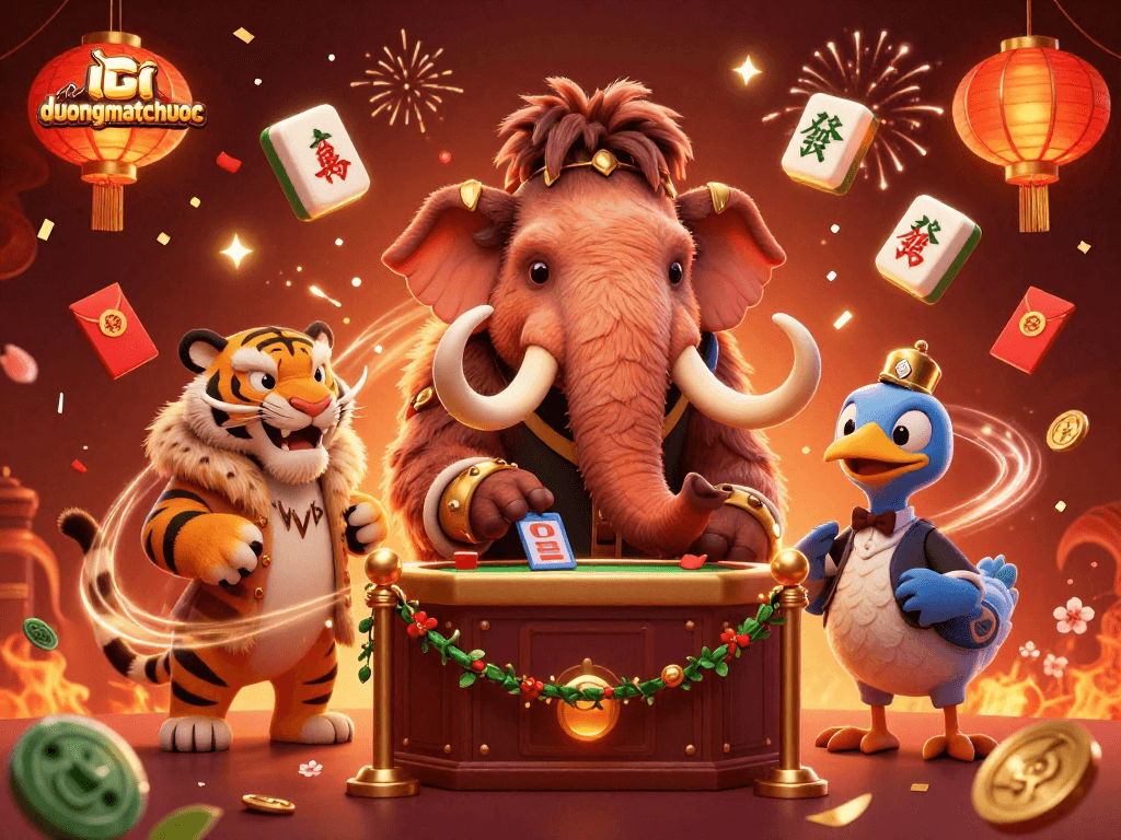 Engage with duongmatchuoc while enjoying the vibrant casino scene featuring playful characters and mahjong elements.