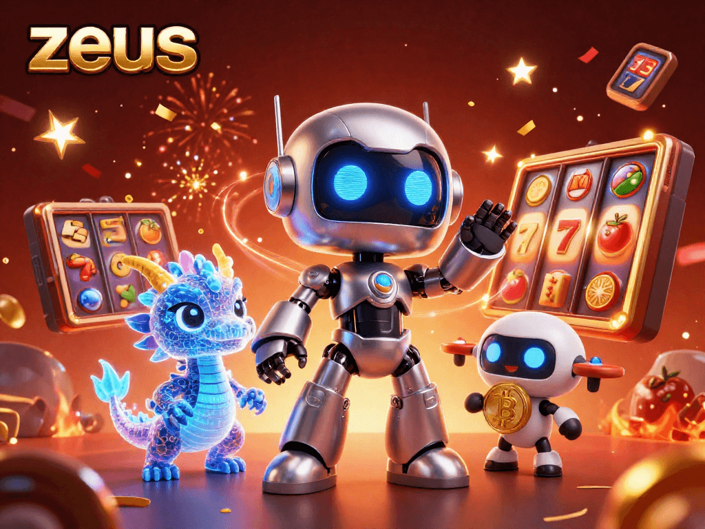 Experience the power of zeus as a 3D cyberpunk scene filled with vibrant slots and dynamic characters.