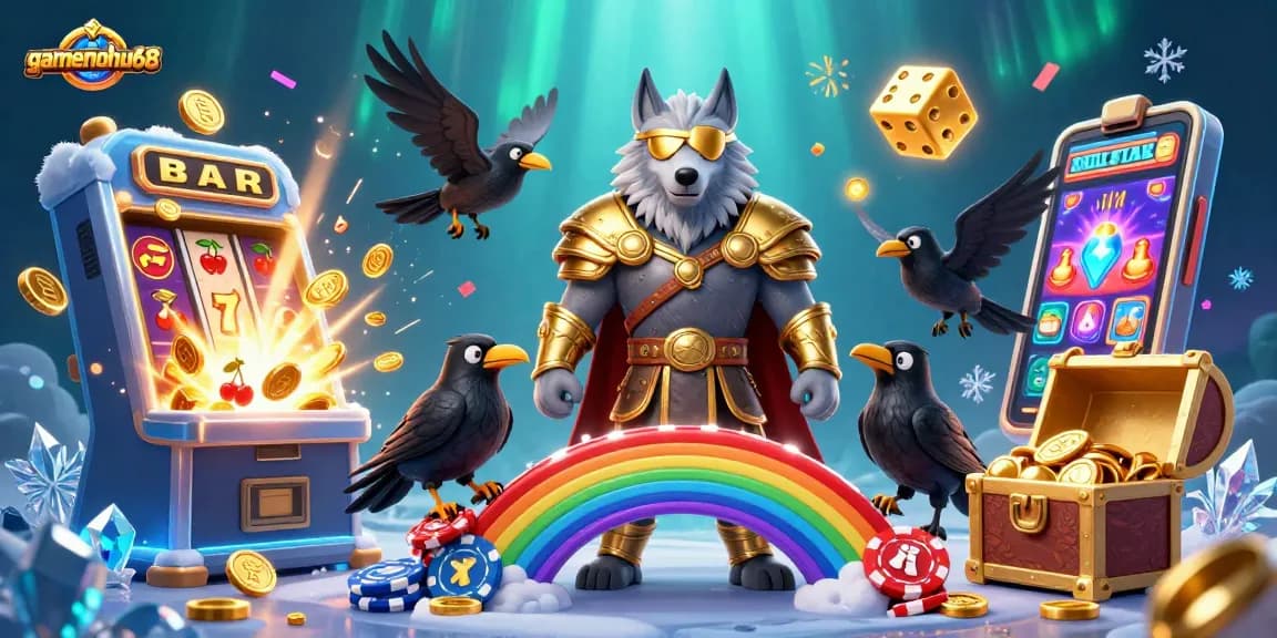 Experience gamenohu68's vibrant jackpot scene with Odin and ravens amidst dynamic casino elements.