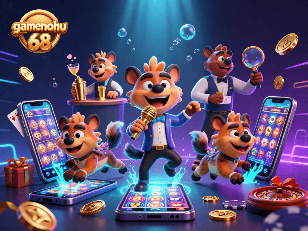 Experience the thrill of gamenohu68 with hyenas in a vibrant comedy casino scene showcasing exciting games.