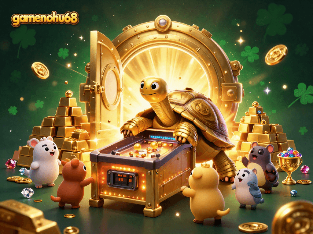 Experience the thrill of gamenohu68 with a vibrant casino illustration featuring golden treasures and exciting games.