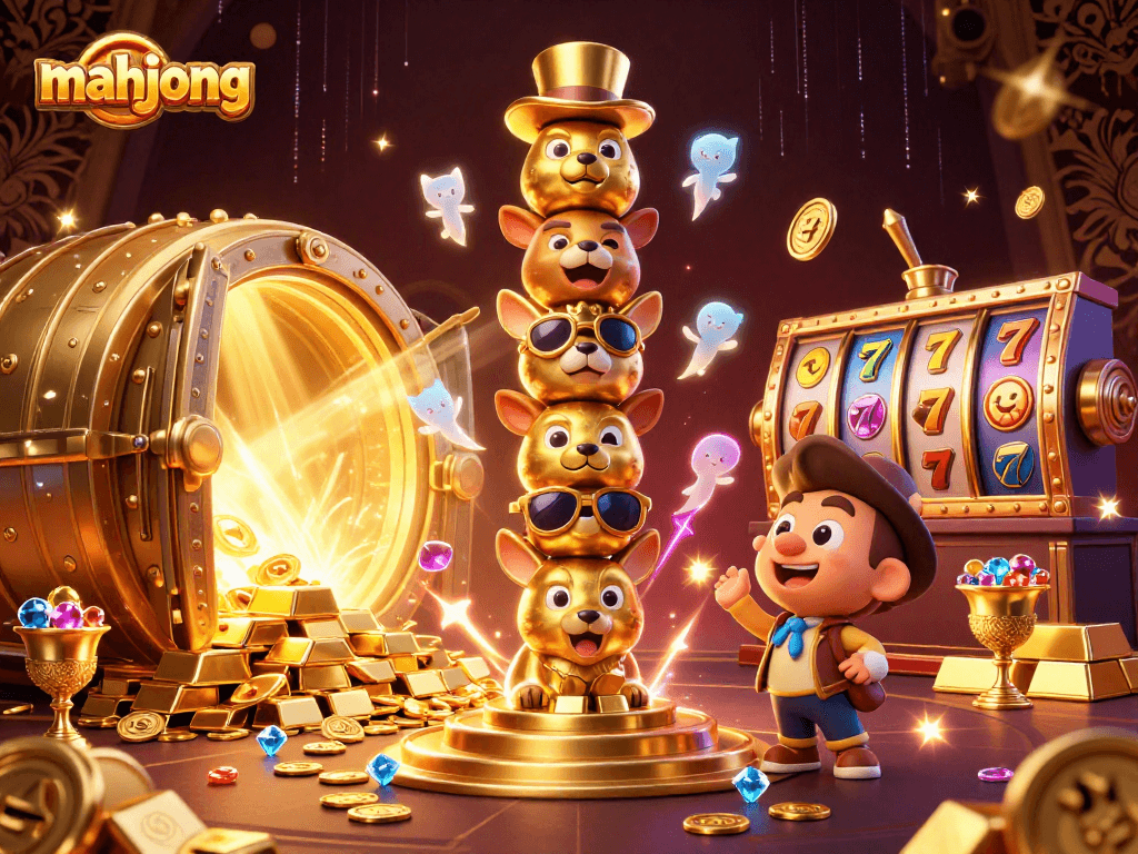 Engage in mahjong excitement with vibrant slot reels and animated golden treasures.