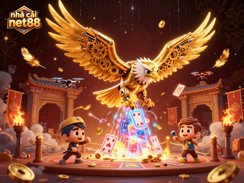 nhà cái net88 features an epic casino scene with a dynamic cybernetic eagle and holographic cards.