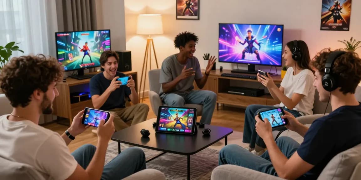 Enjoying free mobile porn games with friends in a cozy living room, colorful graphics showcased on screens.