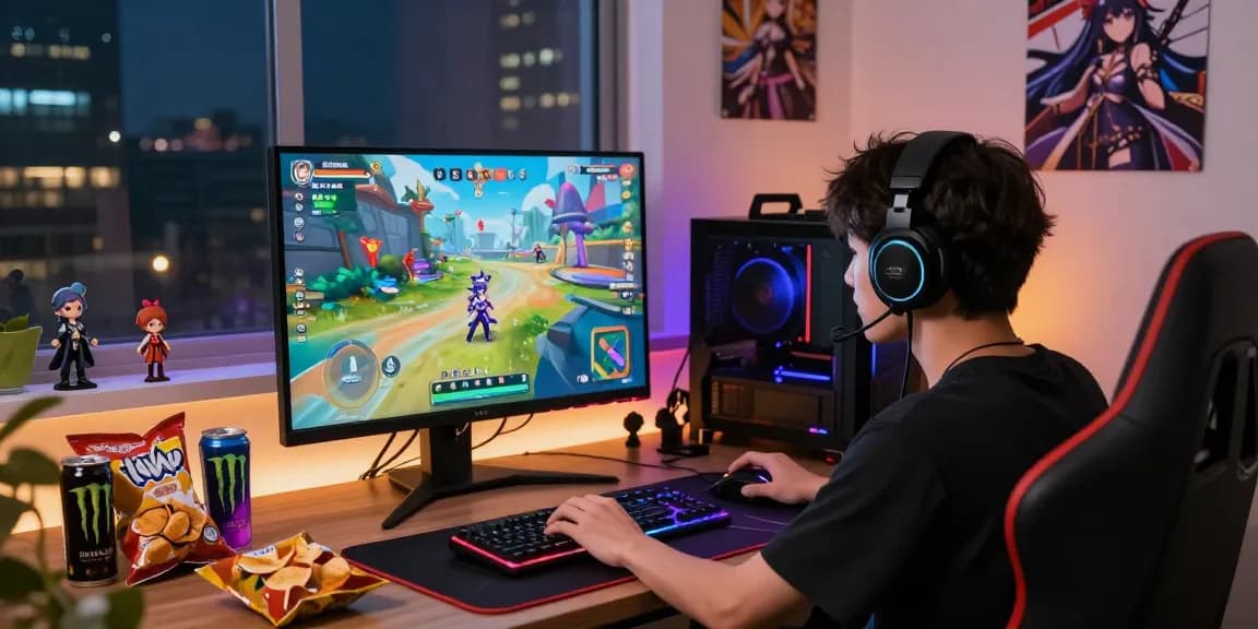 A cozy gaming setup showcasing a young player engaged with the gacha168 game, vibrant characters, and ambient lighting.